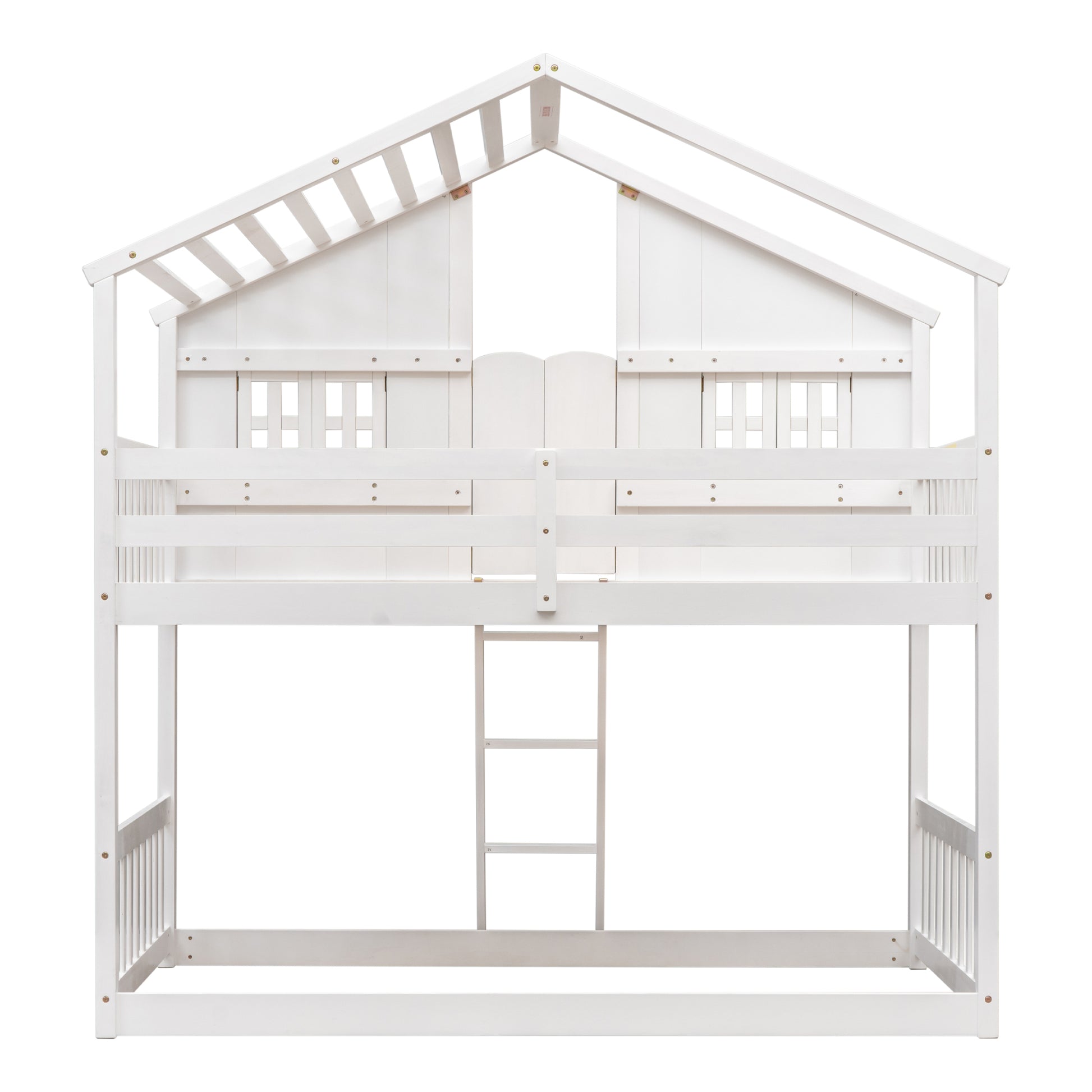 Twin Over Twin House Bunk Bed With Roofwindow, Window Box, Doorwith Safety Guardrails And Ladder,White Twin White Pine