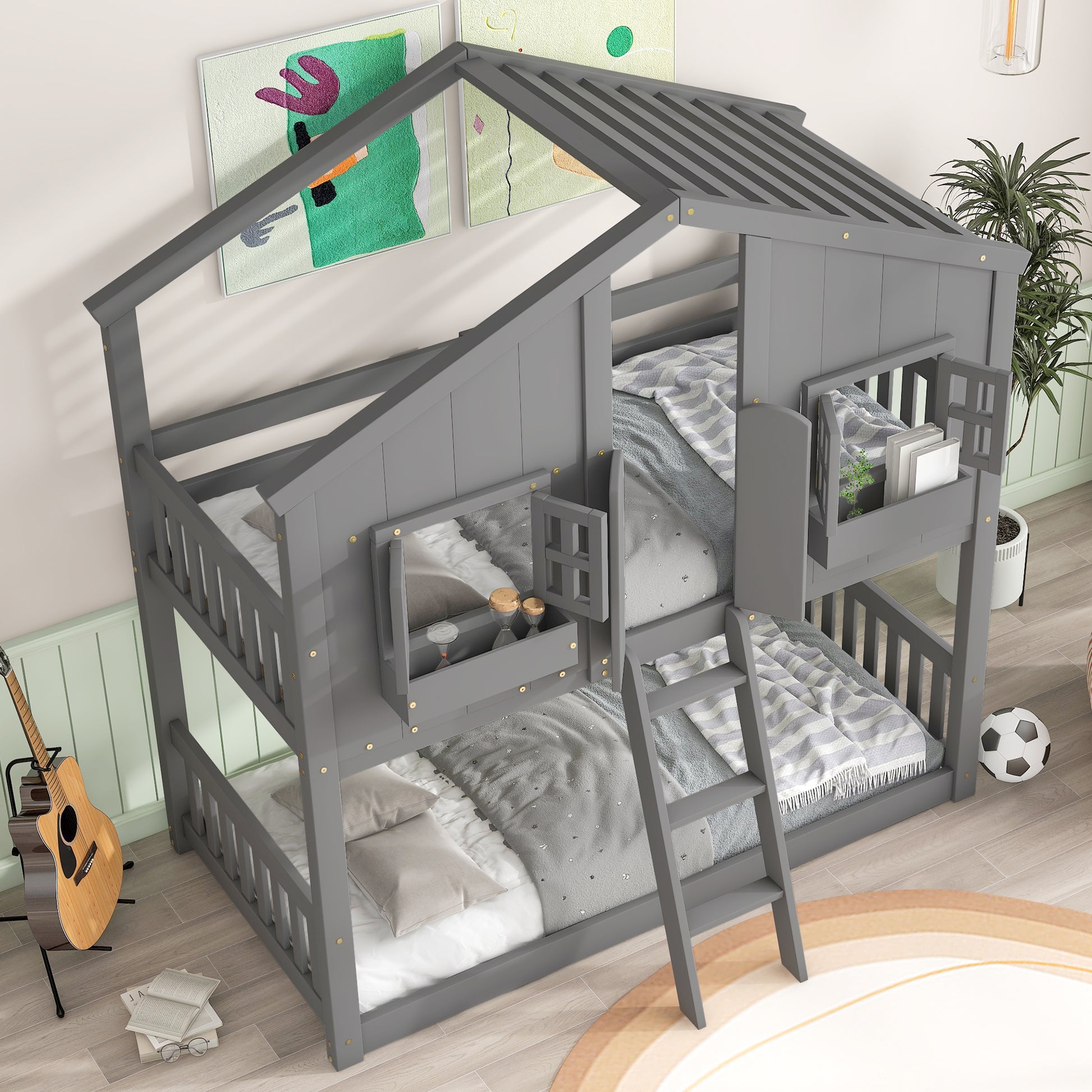 Twin Over Twin House Bunk Bed With Roofwindow, Window Box, Doorwith Safety Guardrails And Ladder, Grey Twin Grey Pine