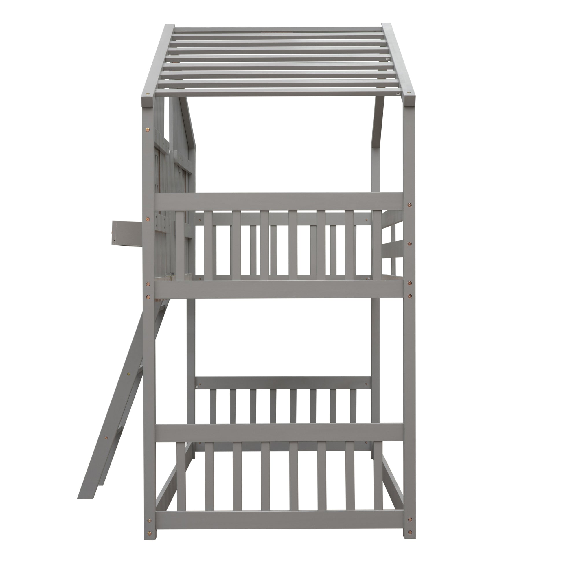 Twin Over Twin House Bunk Bed With Roofwindow, Window Box, Doorwith Safety Guardrails And Ladder, Grey Twin Grey Pine