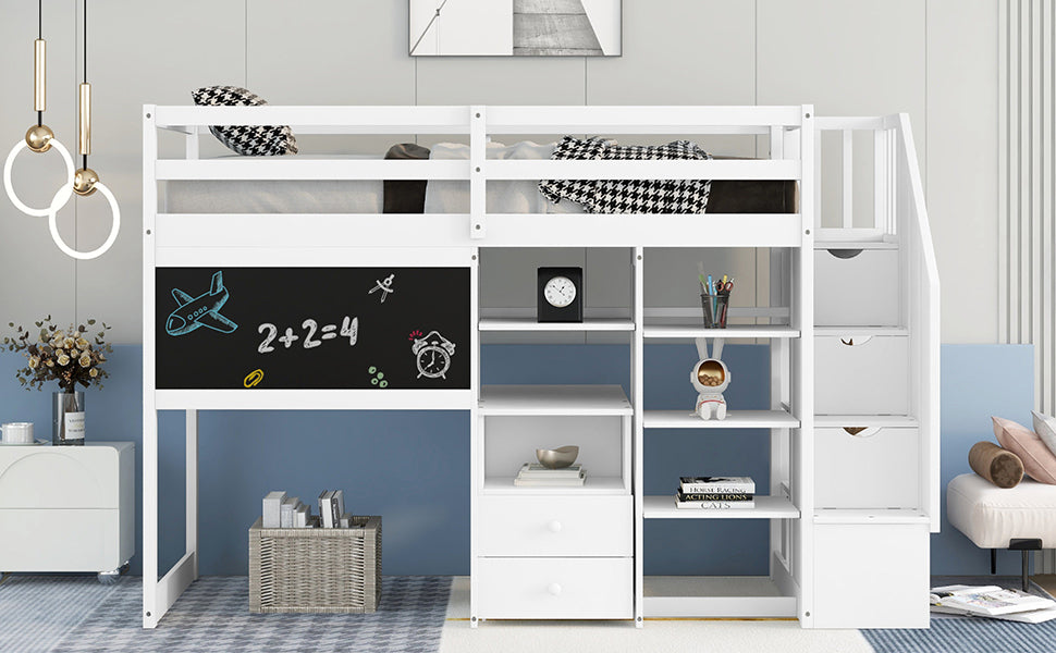 Twin Size Loft Bed With Pullable Desk And Storage Shelves,Staircase And Blackboard,White White Pine