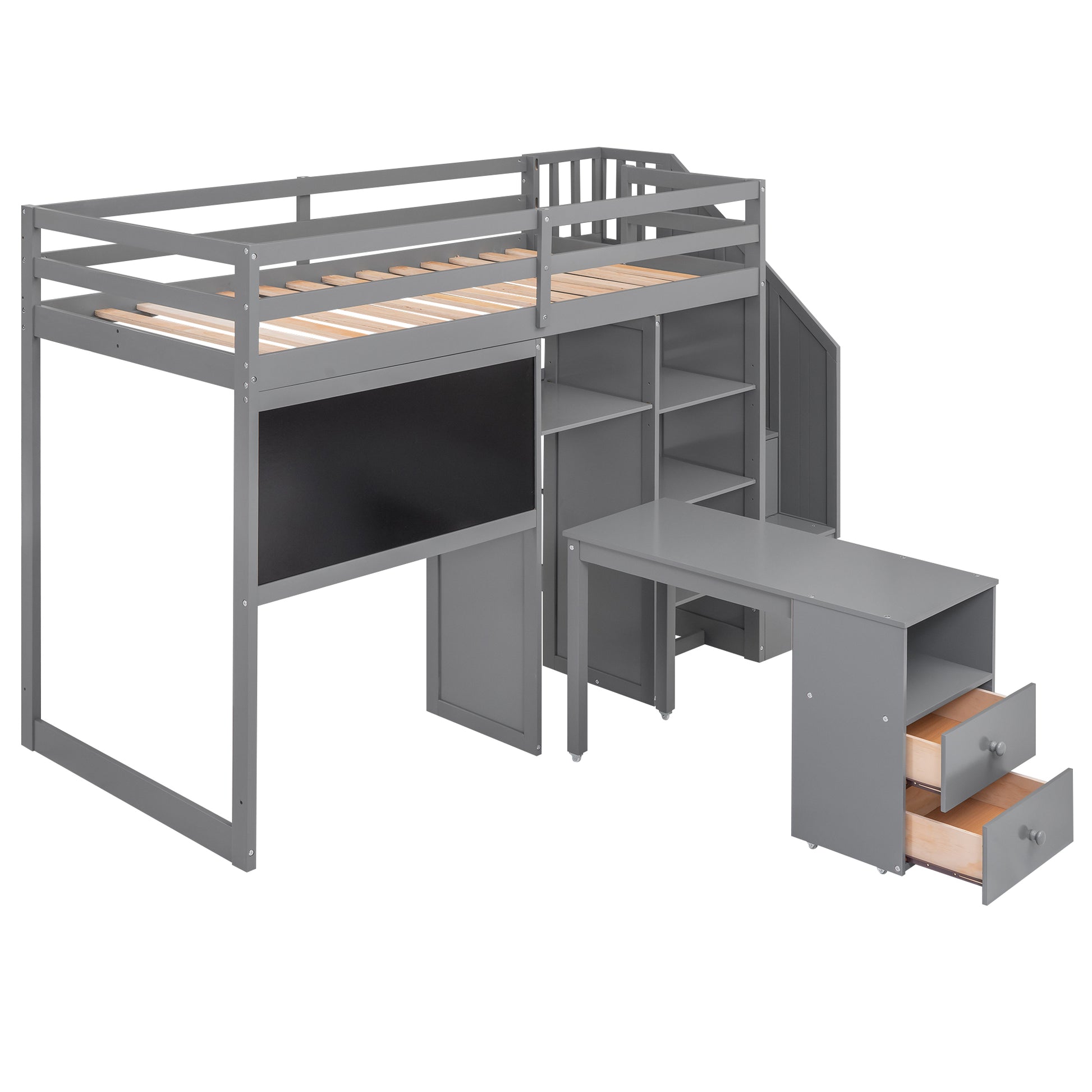 Twin Size Loft Bed With Pullable Desk And Storage Shelves,Staircase And Blackboard,Gray Gray Pine