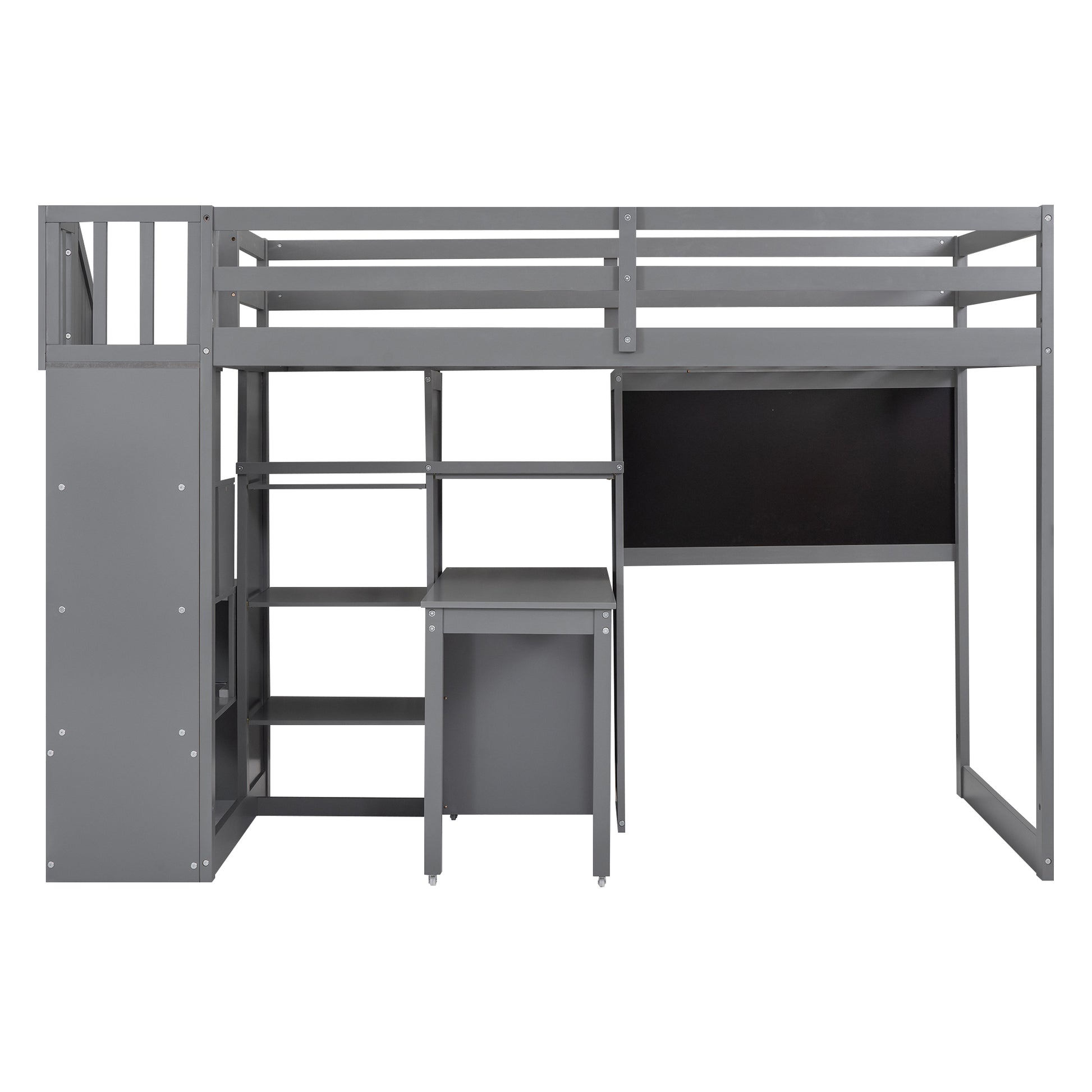 Twin Size Loft Bed With Pullable Desk And Storage Shelves,Staircase And Blackboard,Gray Gray Pine