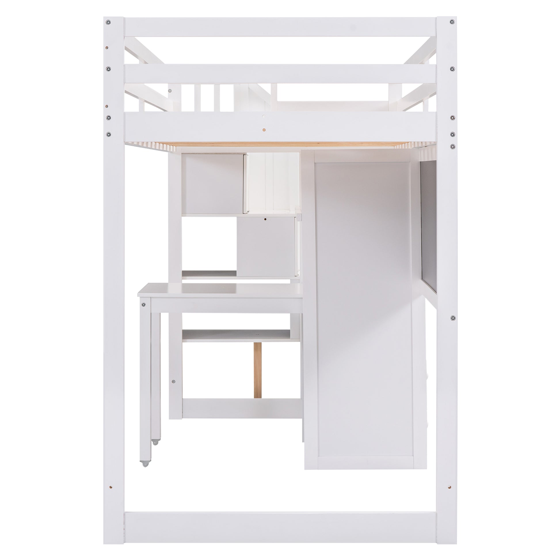 Twin Size Loft Bed With Pullable Desk And Storage Shelves,Staircase And Blackboard,White White Pine