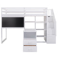 Twin Size Loft Bed With Pullable Desk And Storage Shelves,Staircase And Blackboard,White White Pine