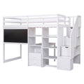 Twin Size Loft Bed With Pullable Desk And Storage Shelves,Staircase And Blackboard,White White Pine