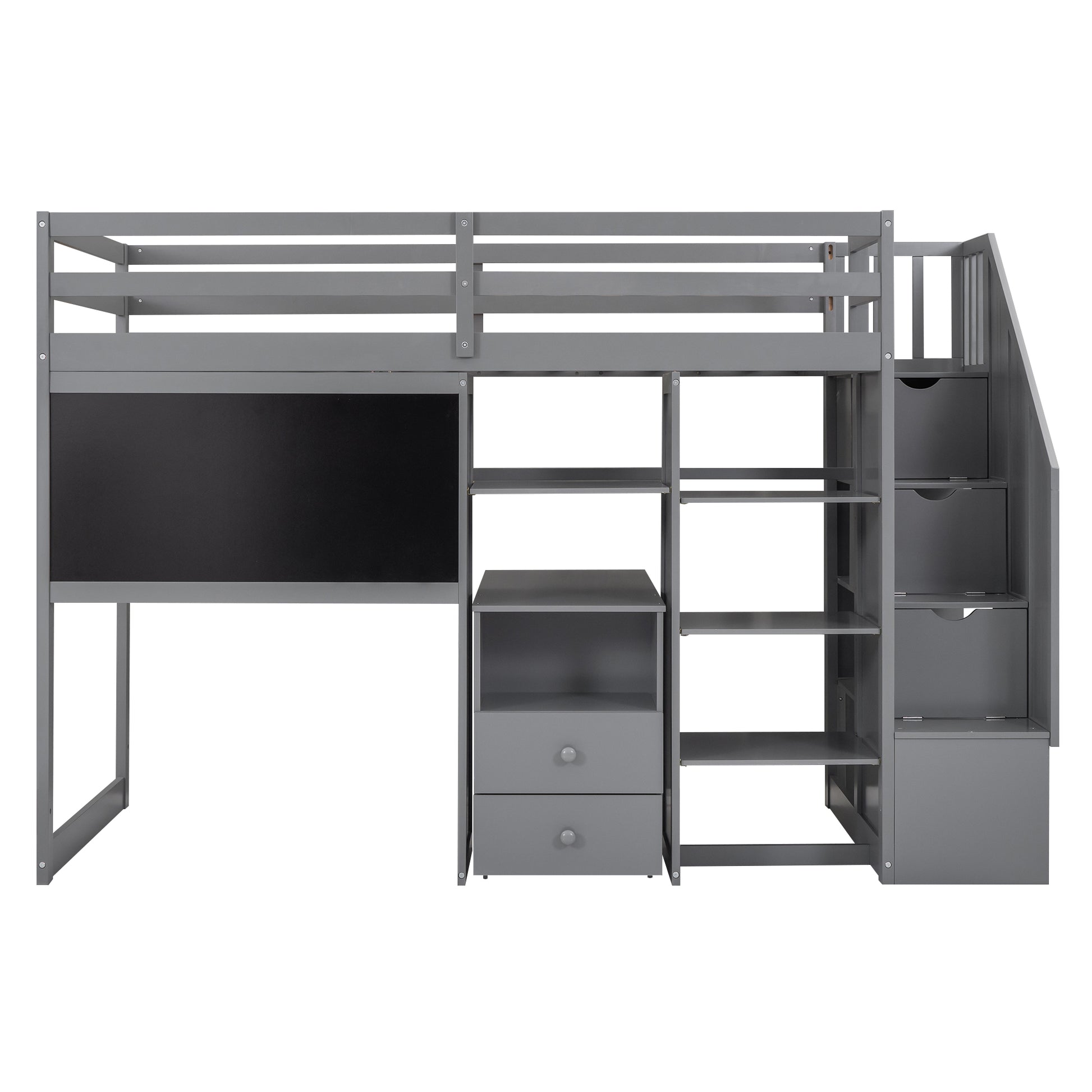 Twin Size Loft Bed With Pullable Desk And Storage Shelves,Staircase And Blackboard,Gray Gray Pine