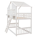 Twin Over Twin House Bunk Bed With Roofwindow, Window Box, Doorwith Safety Guardrails And Ladder,White Twin White Pine