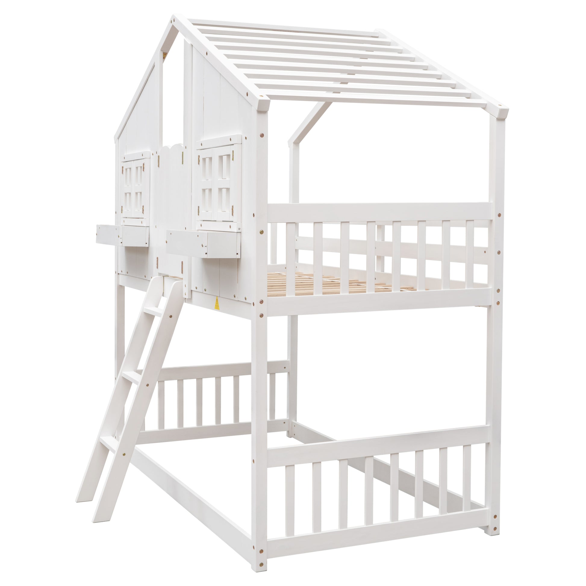 Twin Over Twin House Bunk Bed With Roofwindow, Window Box, Doorwith Safety Guardrails And Ladder,White Twin White Pine