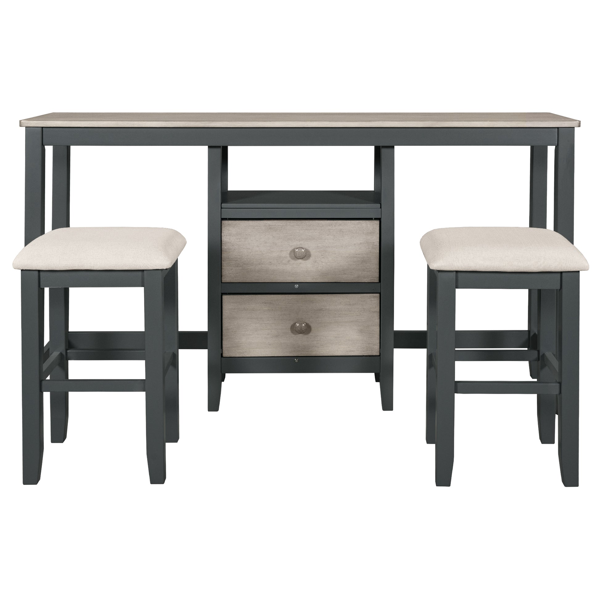 Farmhouse Rustic 3 Piece Counter Height Wood Dining Table Set With Cabinet,2 Storage Drawers And 2 Stools For Small Places, Gray And Distressed Light Gray Upholstered Chair Wood Gray Seats 2 Gray Wood Dining Room Farmhouse Rubberwood Rectangular Foam