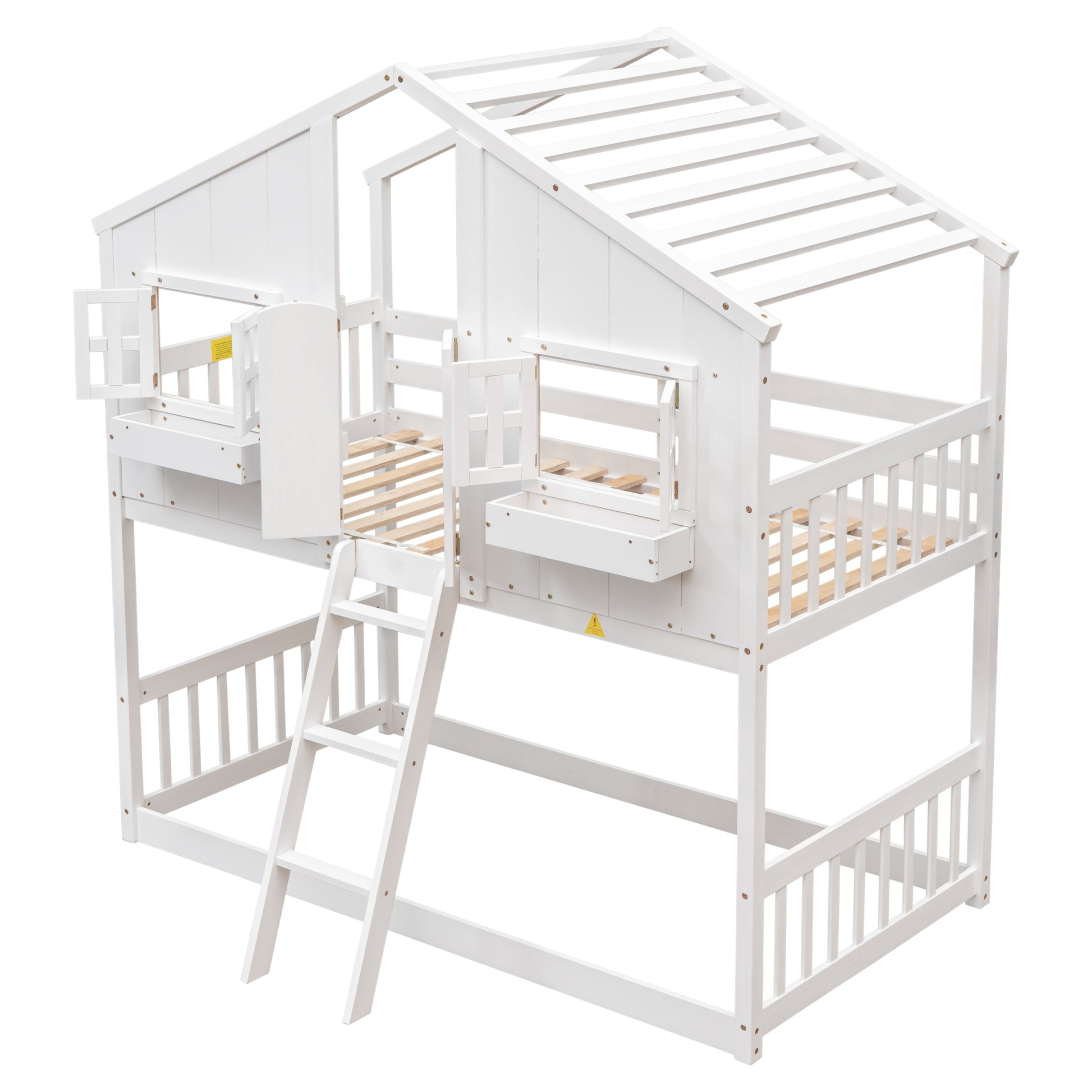 Twin Over Twin House Bunk Bed With Roofwindow, Window Box, Doorwith Safety Guardrails And Ladder,White Twin White Pine