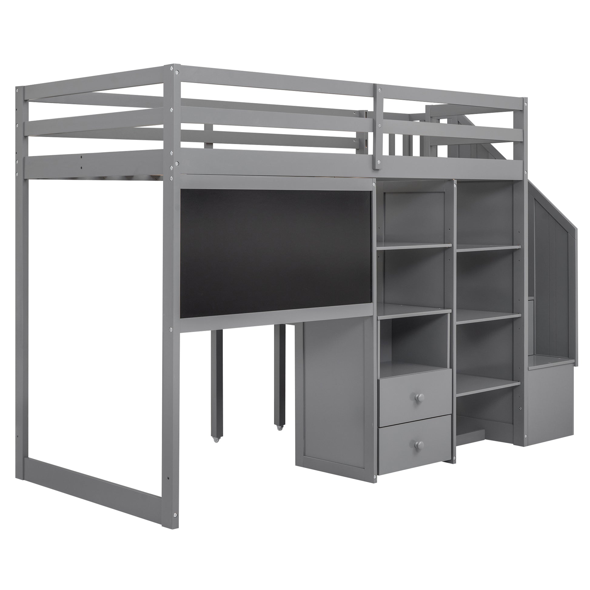 Twin Size Loft Bed With Pullable Desk And Storage Shelves,Staircase And Blackboard,Gray Gray Pine