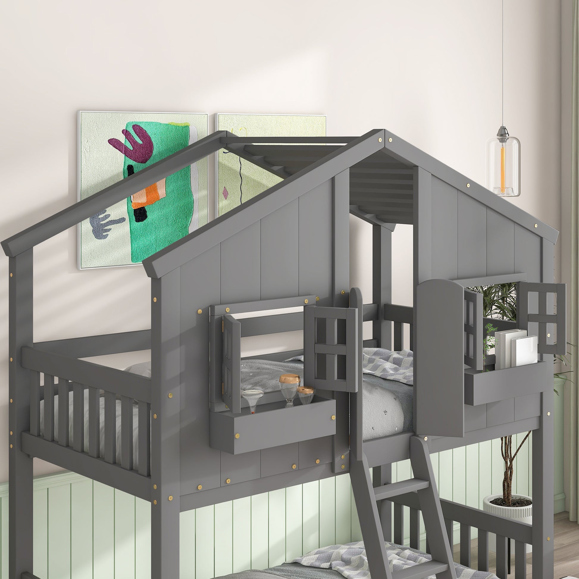 Twin Over Twin House Bunk Bed With Roofwindow, Window Box, Doorwith Safety Guardrails And Ladder, Grey Twin Grey Pine