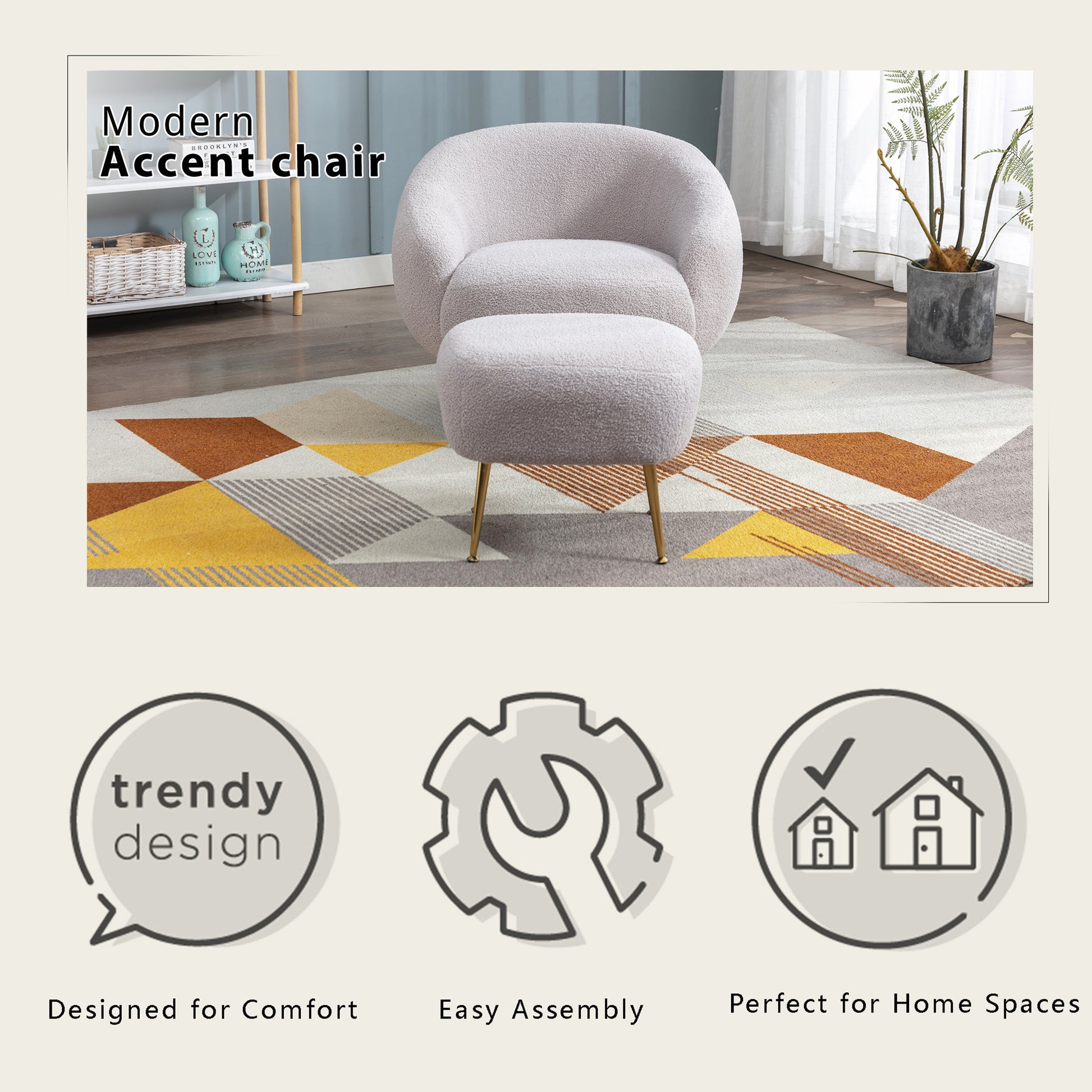 Orisfur. Modern Comfy Leisure Accent Chair, Teddy Short Plush Particle Velvet Armchair With Ottoman For Living Room Grey Foam Altay Velvet