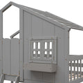 Twin Over Twin House Bunk Bed With Roofwindow, Window Box, Doorwith Safety Guardrails And Ladder, Grey Twin Grey Pine