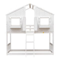 Twin Over Twin House Bunk Bed With Roofwindow, Window Box, Doorwith Safety Guardrails And Ladder,White Twin White Pine