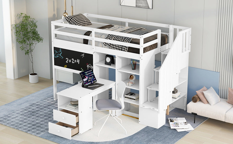 Twin Size Loft Bed With Pullable Desk And Storage Shelves,Staircase And Blackboard,White White Pine