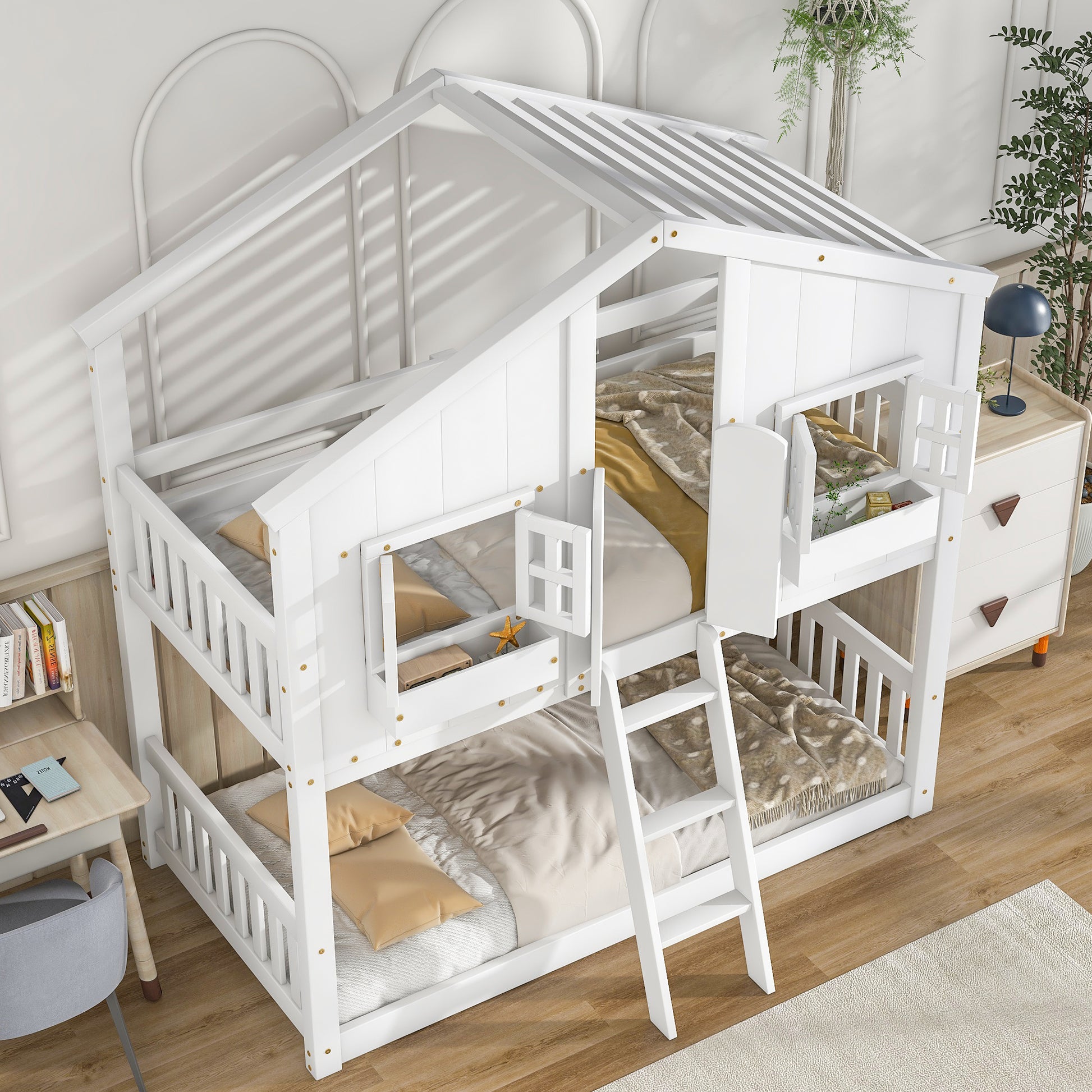 Twin Over Twin House Bunk Bed With Roofwindow, Window Box, Doorwith Safety Guardrails And Ladder,White Twin White Pine