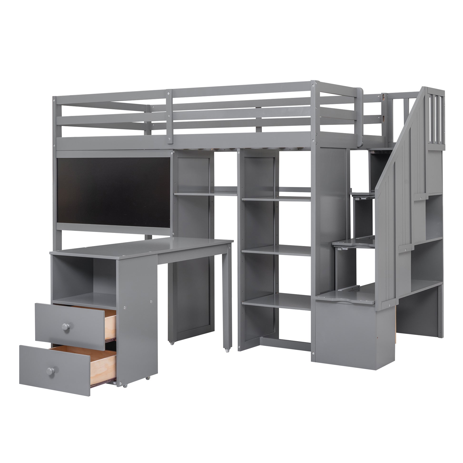 Twin Size Loft Bed With Pullable Desk And Storage Shelves,Staircase And Blackboard,Gray Gray Pine