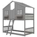 Twin Over Twin House Bunk Bed With Roofwindow, Window Box, Doorwith Safety Guardrails And Ladder, Grey Twin Grey Pine