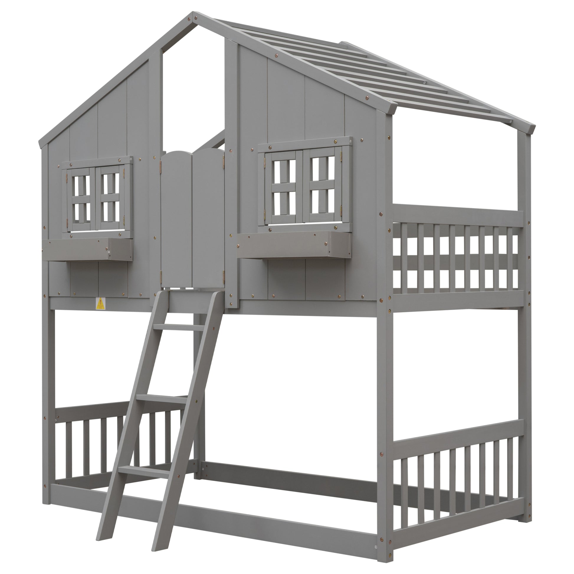 Twin Over Twin House Bunk Bed With Roofwindow, Window Box, Doorwith Safety Guardrails And Ladder, Grey Twin Grey Pine