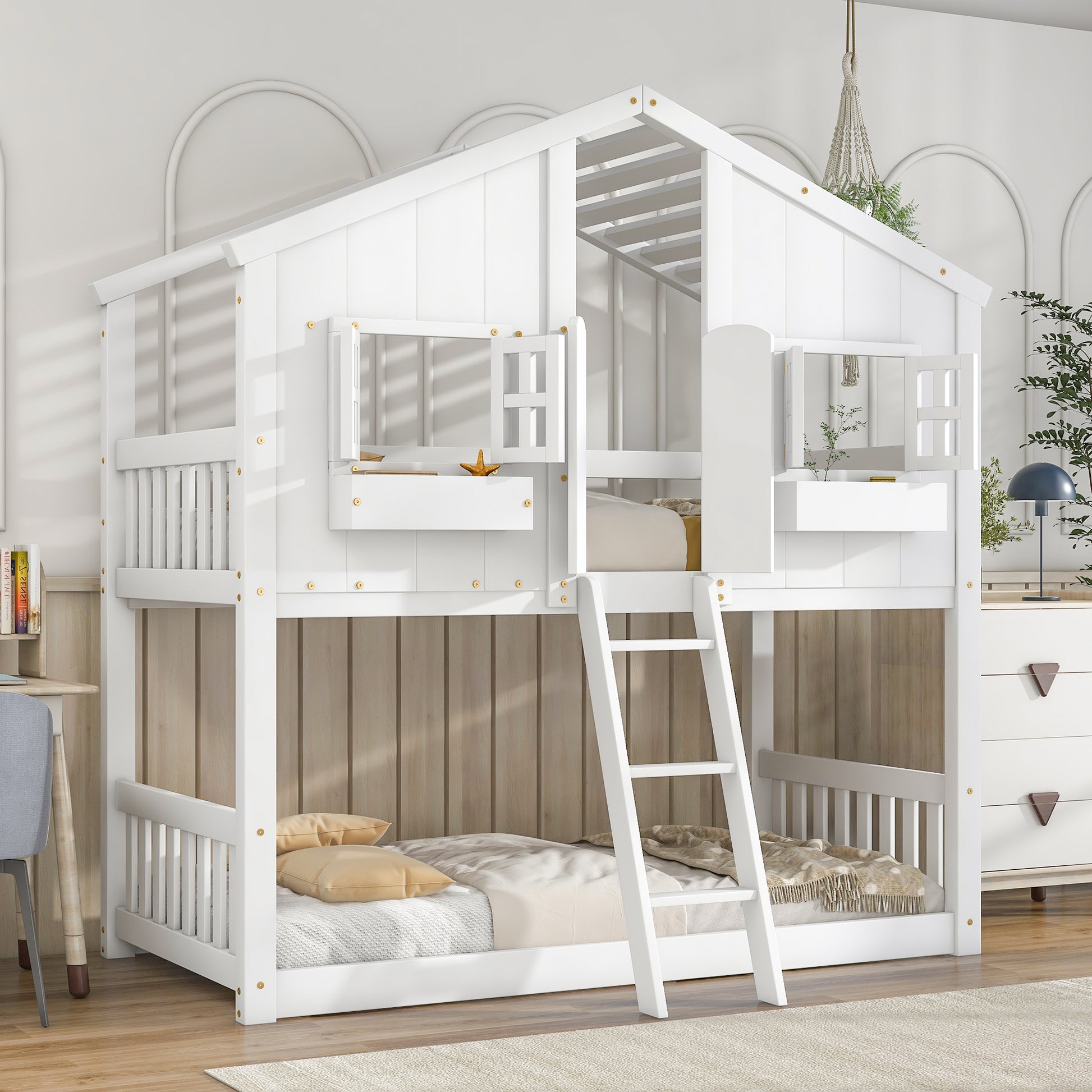 Twin Over Twin House Bunk Bed With Roofwindow, Window Box, Doorwith Safety Guardrails And Ladder,White Twin White Pine