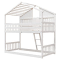 Twin Over Twin House Bunk Bed With Roofwindow, Window Box, Doorwith Safety Guardrails And Ladder,White Twin White Pine