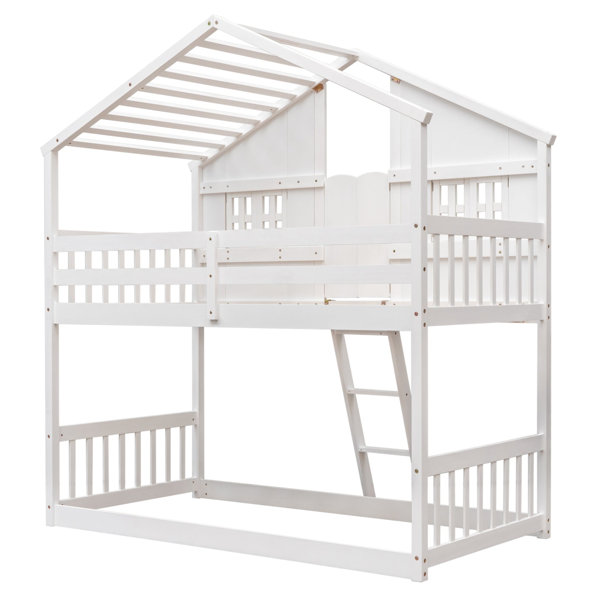 Twin Over Twin House Bunk Bed With Roofwindow, Window Box, Doorwith Safety Guardrails And Ladder,White Twin White Pine