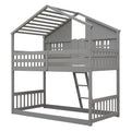 Twin Over Twin House Bunk Bed With Roofwindow, Window Box, Doorwith Safety Guardrails And Ladder, Grey Twin Grey Pine