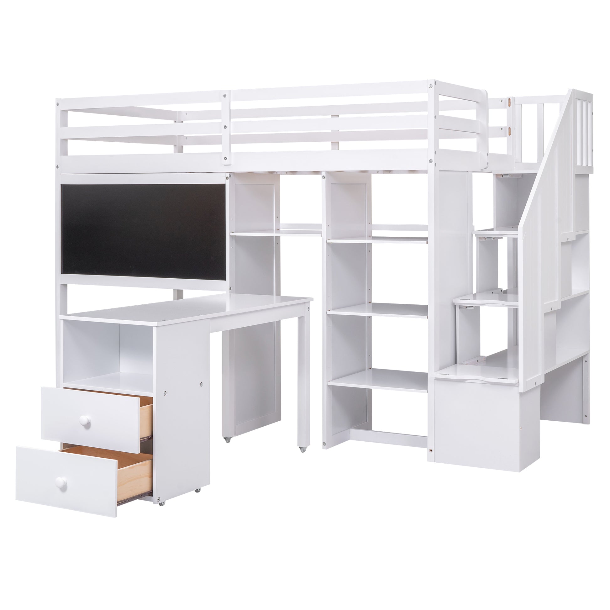 Twin Size Loft Bed With Pullable Desk And Storage Shelves,Staircase And Blackboard,White White Pine