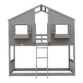 Twin Over Twin House Bunk Bed With Roofwindow, Window Box, Doorwith Safety Guardrails And Ladder, Grey Twin Grey Pine