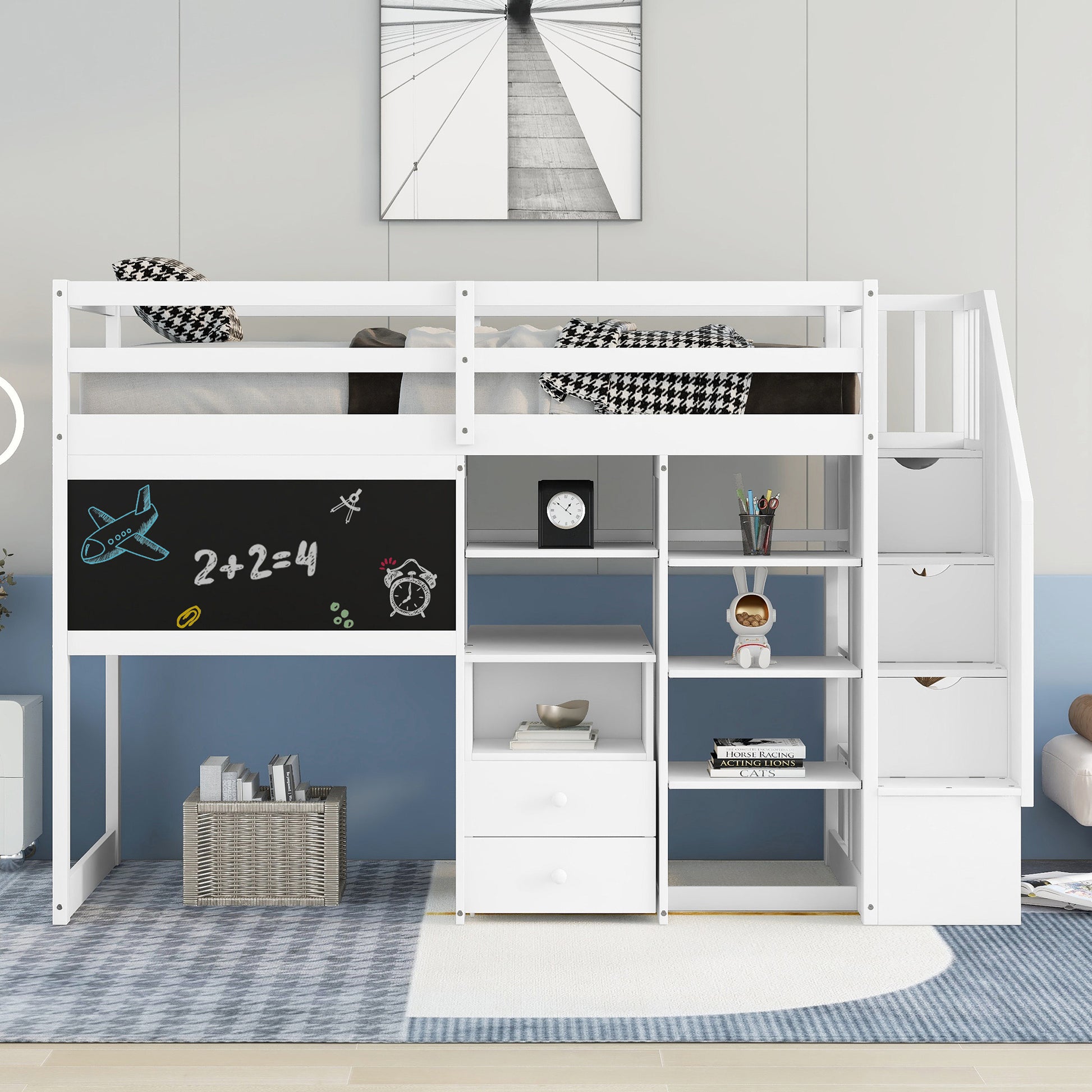 Twin Size Loft Bed With Pullable Desk And Storage Shelves,Staircase And Blackboard,White White Pine