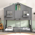 Twin Over Twin House Bunk Bed With Roofwindow, Window Box, Doorwith Safety Guardrails And Ladder, Grey Twin Grey Pine