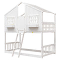 Twin Over Twin House Bunk Bed With Roofwindow, Window Box, Doorwith Safety Guardrails And Ladder,White Twin White Pine