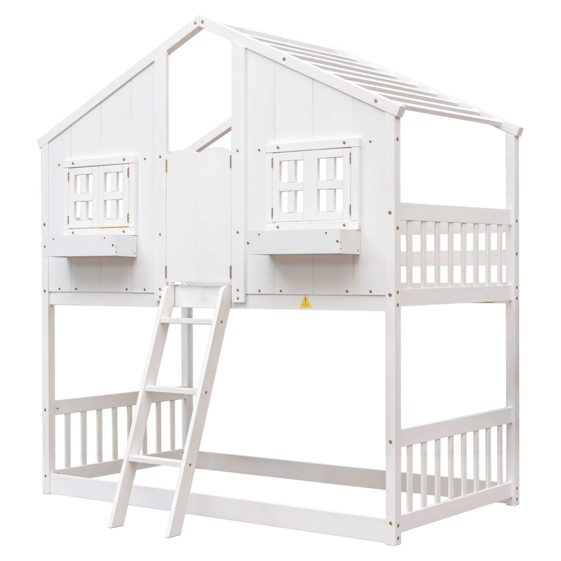 Twin Over Twin House Bunk Bed With Roofwindow, Window Box, Doorwith Safety Guardrails And Ladder,White Twin White Pine