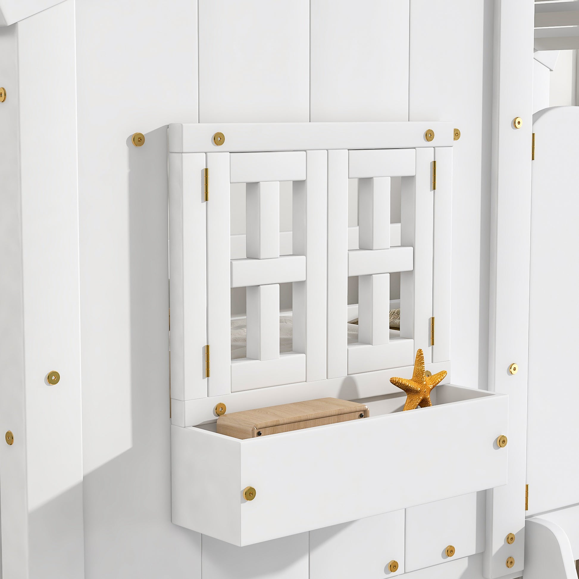 Twin Over Twin House Bunk Bed With Roofwindow, Window Box, Doorwith Safety Guardrails And Ladder,White Twin White Pine