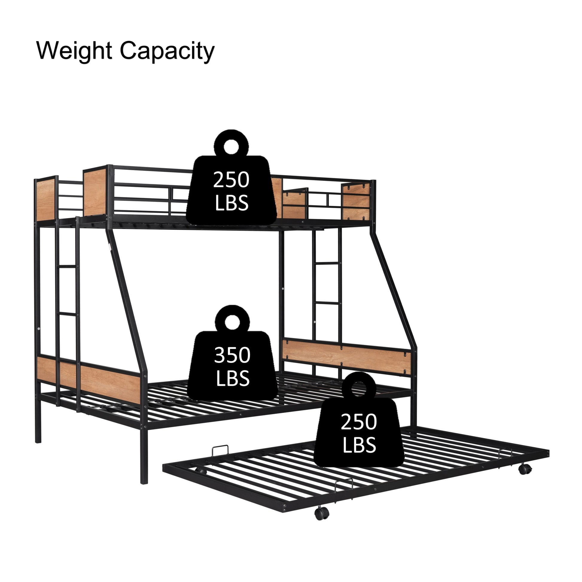 Metal Twin Over Full Bunk Bed With Trundle Heavy Duty Sturdy Metal Noise Reduced Safety Guardrail Wooden Decoration Convenient Trundle Bunk Bed For Three Cpc Certified No Box Spring Needed Black Metal