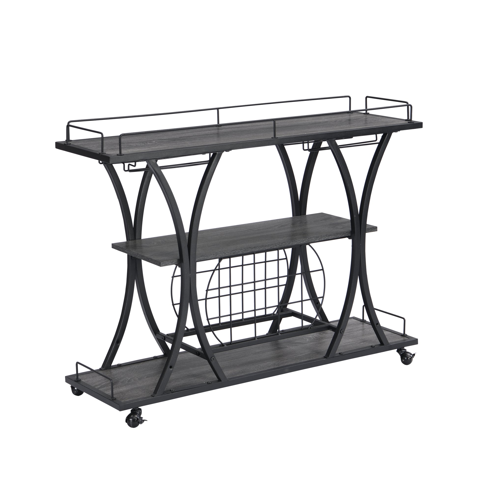 Industrial Bar Cart Kitchen Bar&Serving Cart For Home With Wheels 3 Tier Storage Shelves Black Gray Mdf Iron