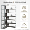 Silver Grey 7 Tier Bookcase Home Office Bookshelf, L Shaped Corner Bookcase With Metal Frame, Industrial Style Shelf With Open Storage, Mdf Board Silver Grey Mdf