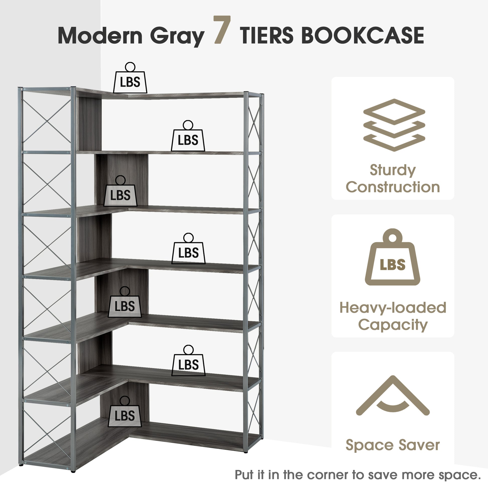 Silver Grey 7 Tier Bookcase Home Office Bookshelf, L Shaped Corner Bookcase With Metal Frame, Industrial Style Shelf With Open Storage, Mdf Board Silver Grey Mdf