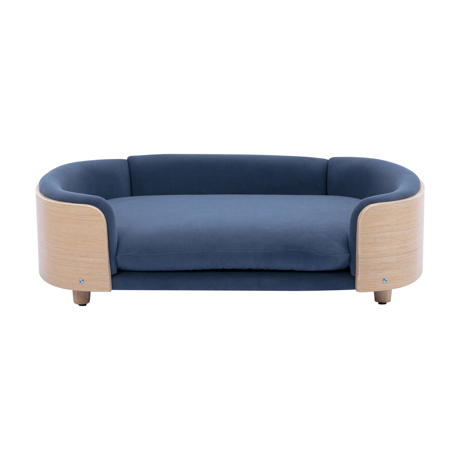 Scandinavian Style Elevated Dog Bed Pet Sofa With Solid Wood Legs And Bent Wood Back, Velvet Cushion,Large Size Dark Blue Foam Solid Wood