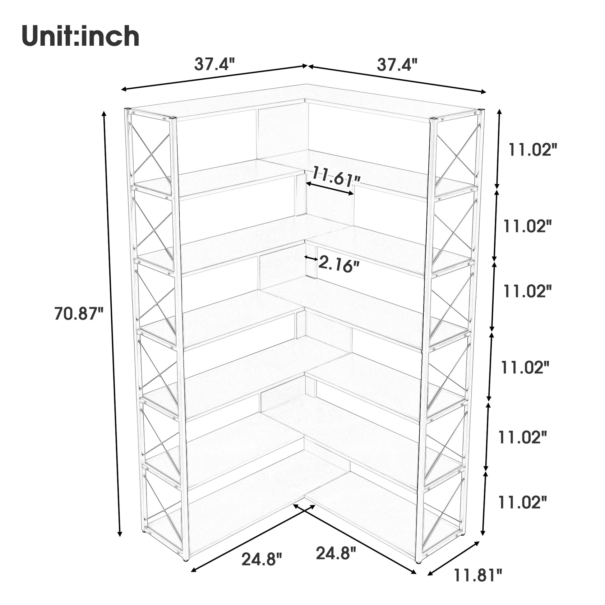 Silver Grey 7 Tier Bookcase Home Office Bookshelf, L Shaped Corner Bookcase With Metal Frame, Industrial Style Shelf With Open Storage, Mdf Board Silver Grey Mdf