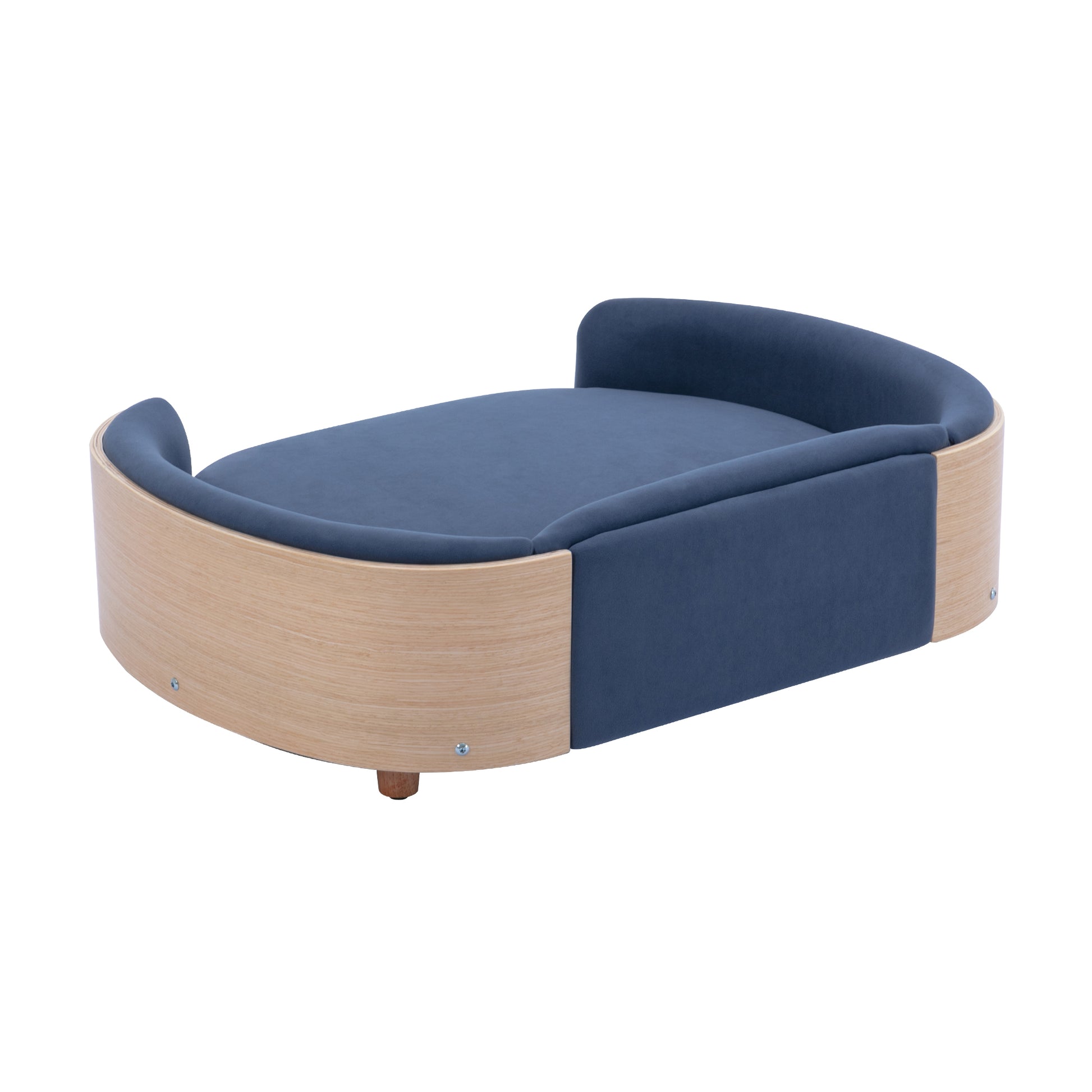 Scandinavian Style Elevated Dog Bed Pet Sofa With Solid Wood Legs And Bent Wood Back, Velvet Cushion,Large Size Dark Blue Foam Solid Wood