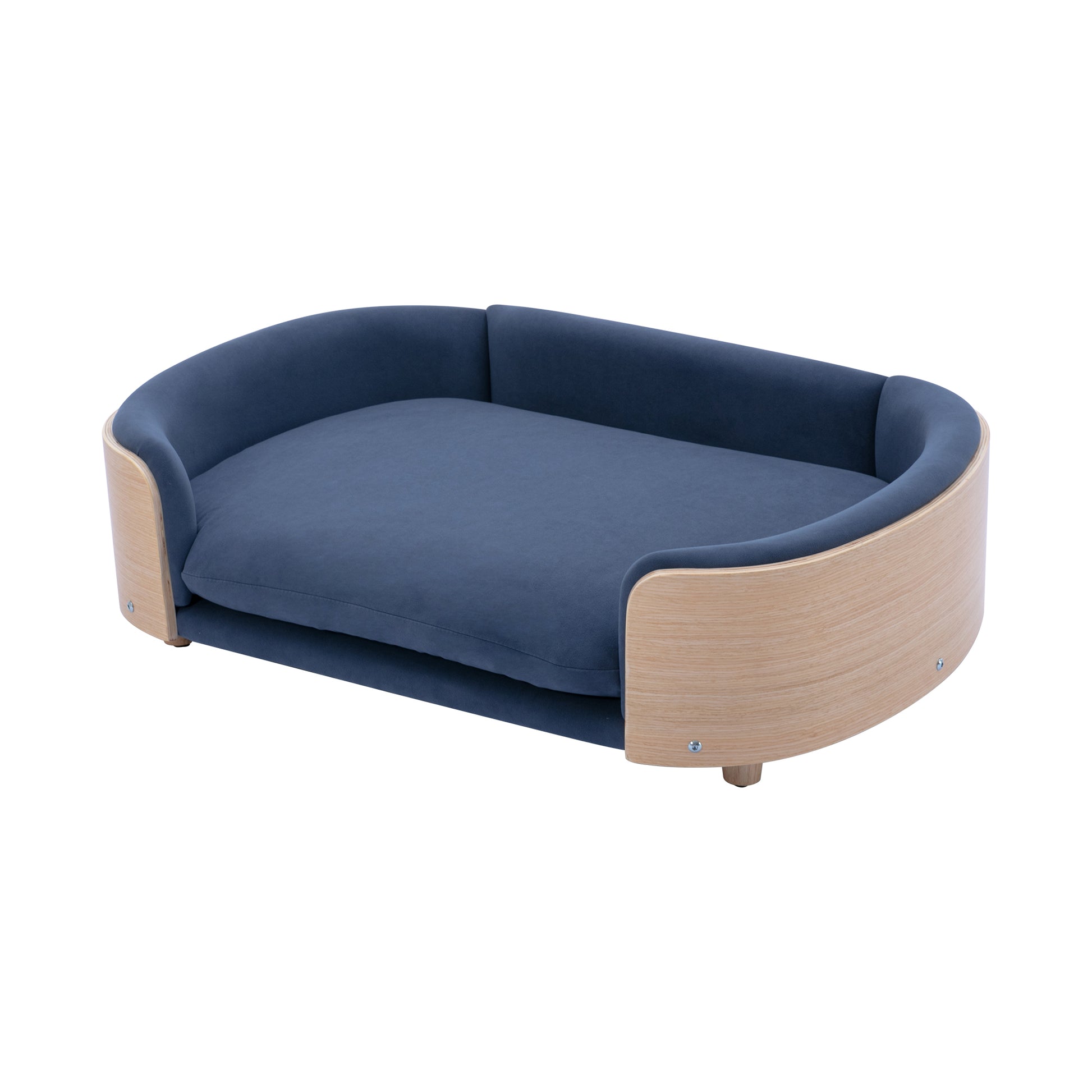 Scandinavian Style Elevated Dog Bed Pet Sofa With Solid Wood Legs And Bent Wood Back, Velvet Cushion,Large Size Dark Blue Foam Solid Wood