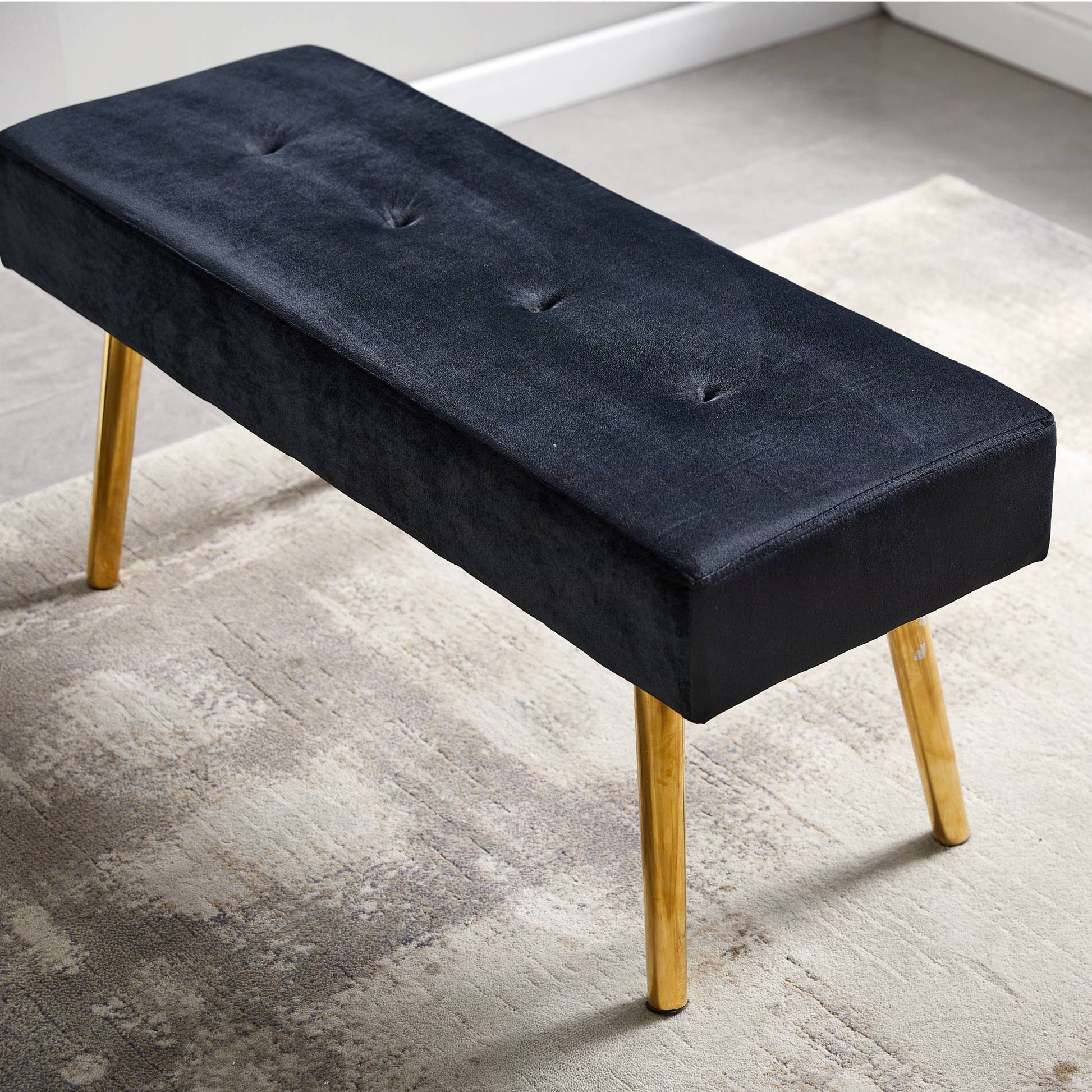 Long Bench Bedroom Bed End Stool Bed Benches Black Tufted Velvet With Gold Legs Black Primary Living Space Rectangular Modern Foam Velvet