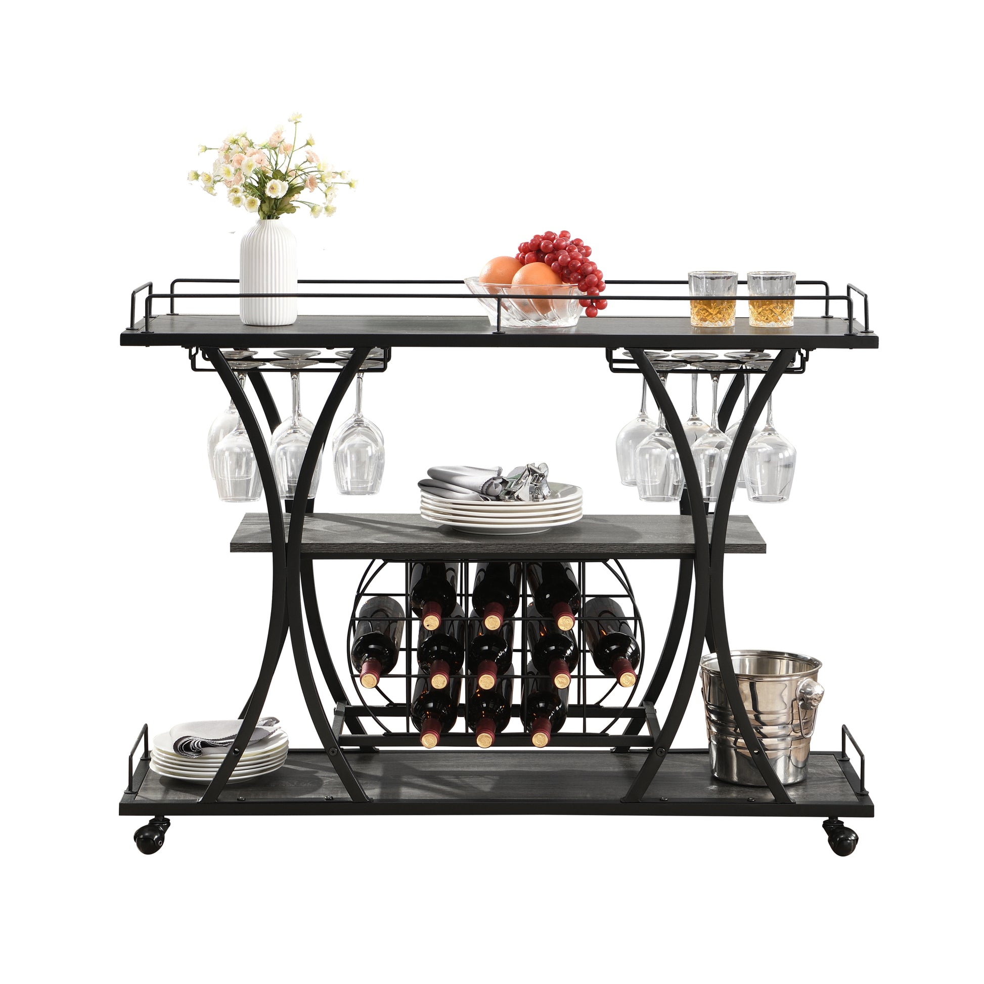 Industrial Bar Cart Kitchen Bar&Serving Cart For Home With Wheels 3 Tier Storage Shelves Black Gray Mdf Iron