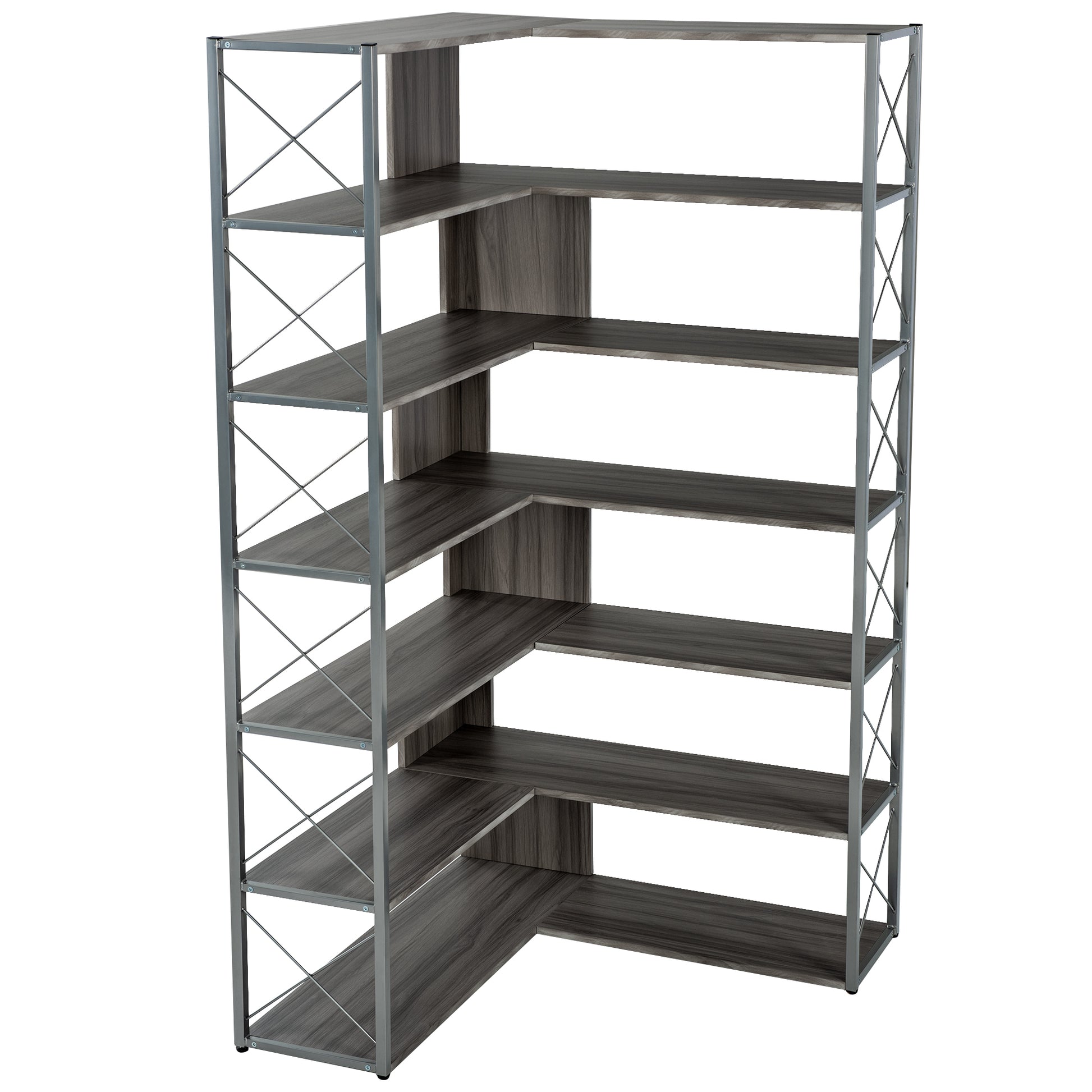 Silver Grey 7 Tier Bookcase Home Office Bookshelf, L Shaped Corner Bookcase With Metal Frame, Industrial Style Shelf With Open Storage, Mdf Board Silver Grey Mdf