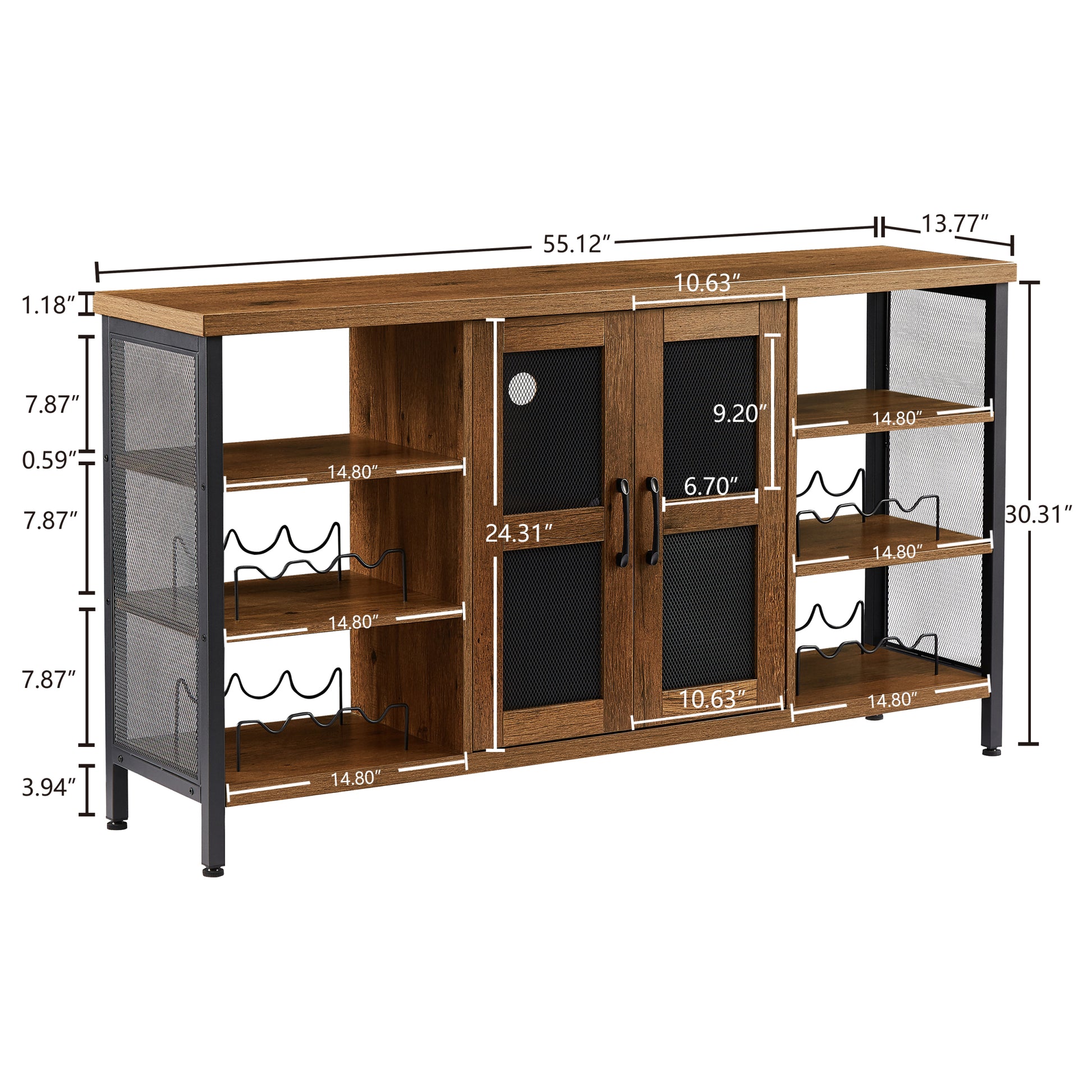 Industrial Wine Bar Cabinet, Liquor Storage Credenza, Sideboard With Wine Racks & Stemware Holder Hazelnut Brown, 55.12''W X 13.78''D X 30.31'' H Brown Oak Particle Board