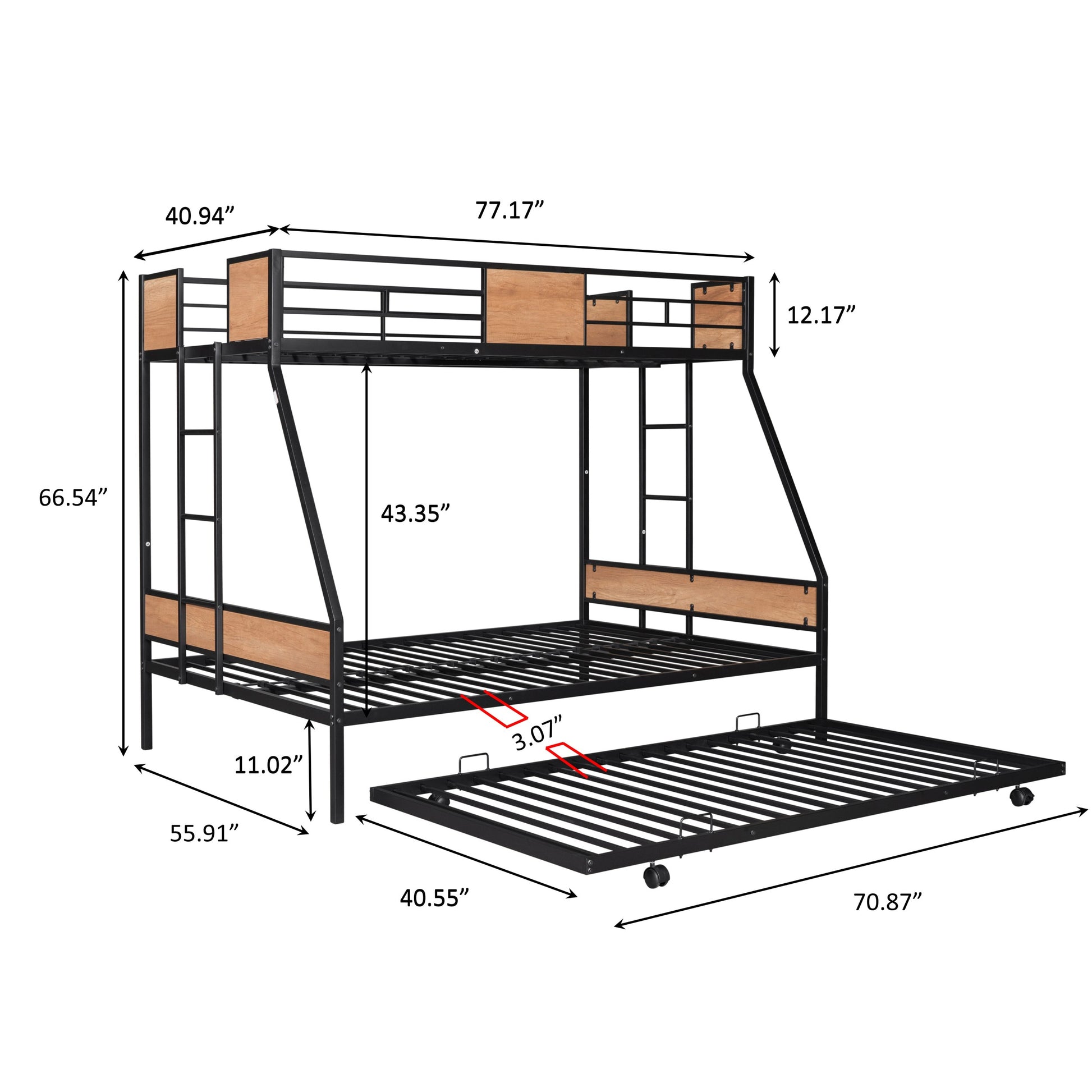 Metal Twin Over Full Bunk Bed With Trundle Heavy Duty Sturdy Metal Noise Reduced Safety Guardrail Wooden Decoration Convenient Trundle Bunk Bed For Three Cpc Certified No Box Spring Needed Black Metal
