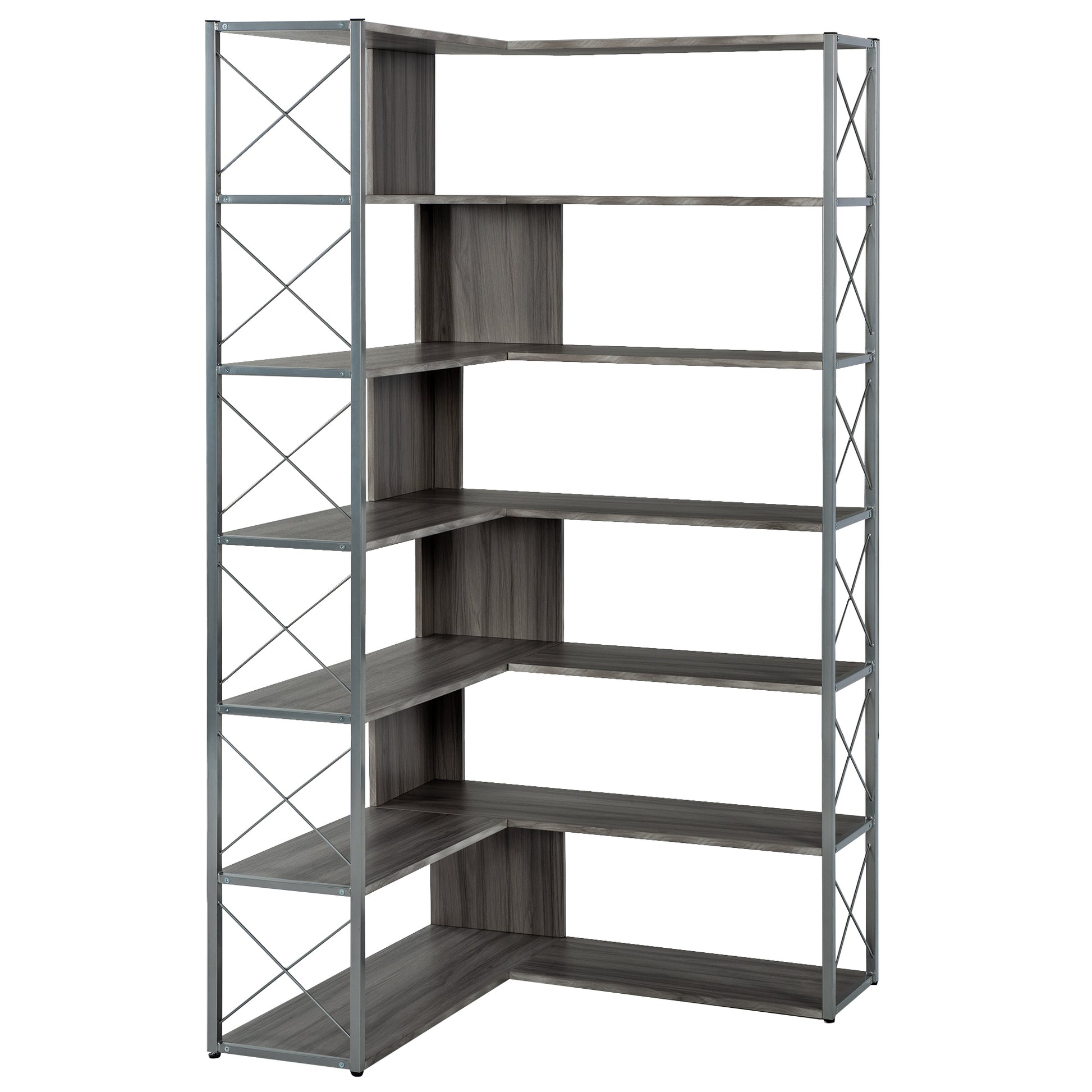 Silver Grey 7 Tier Bookcase Home Office Bookshelf, L Shaped Corner Bookcase With Metal Frame, Industrial Style Shelf With Open Storage, Mdf Board Silver Grey Mdf