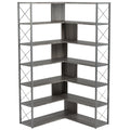 Silver Grey 7 Tier Bookcase Home Office Bookshelf, L Shaped Corner Bookcase With Metal Frame, Industrial Style Shelf With Open Storage, Mdf Board Silver Grey Mdf